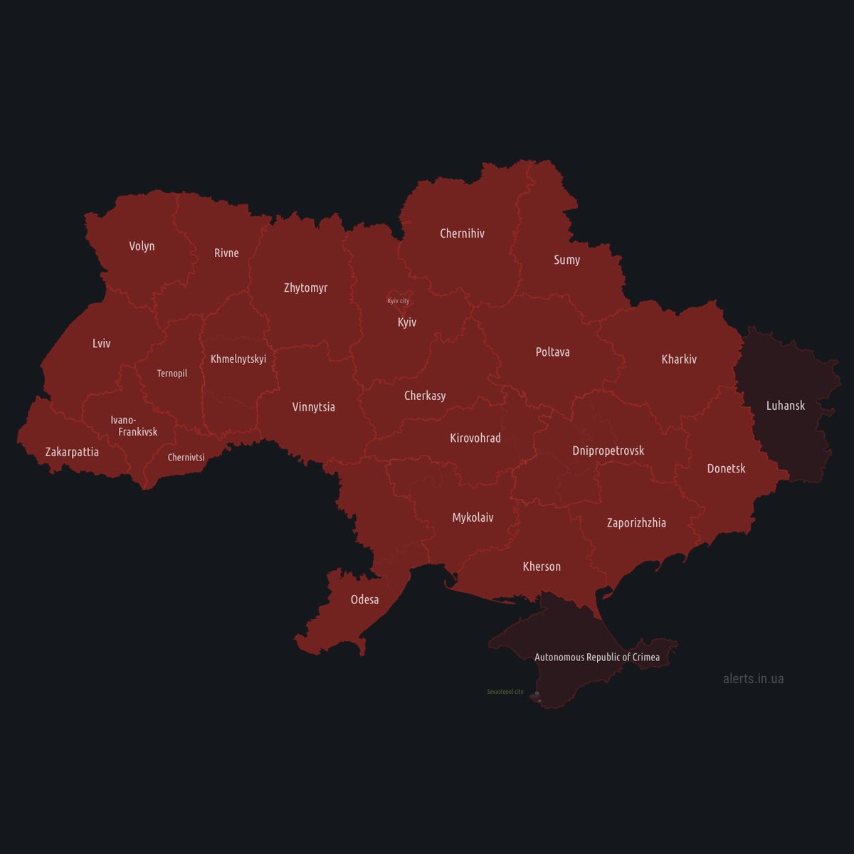 sentdefender's tweet photo. All of Ukraine has now been under an Air Raid Alert for the last hour due to the launch of Russian Air Force MiG-31Ks that are capable of carrying Kh-47M2 Kinzhal “Dagger” Hypersonic Missiles. https://t.co/uEAKFQMJe9
