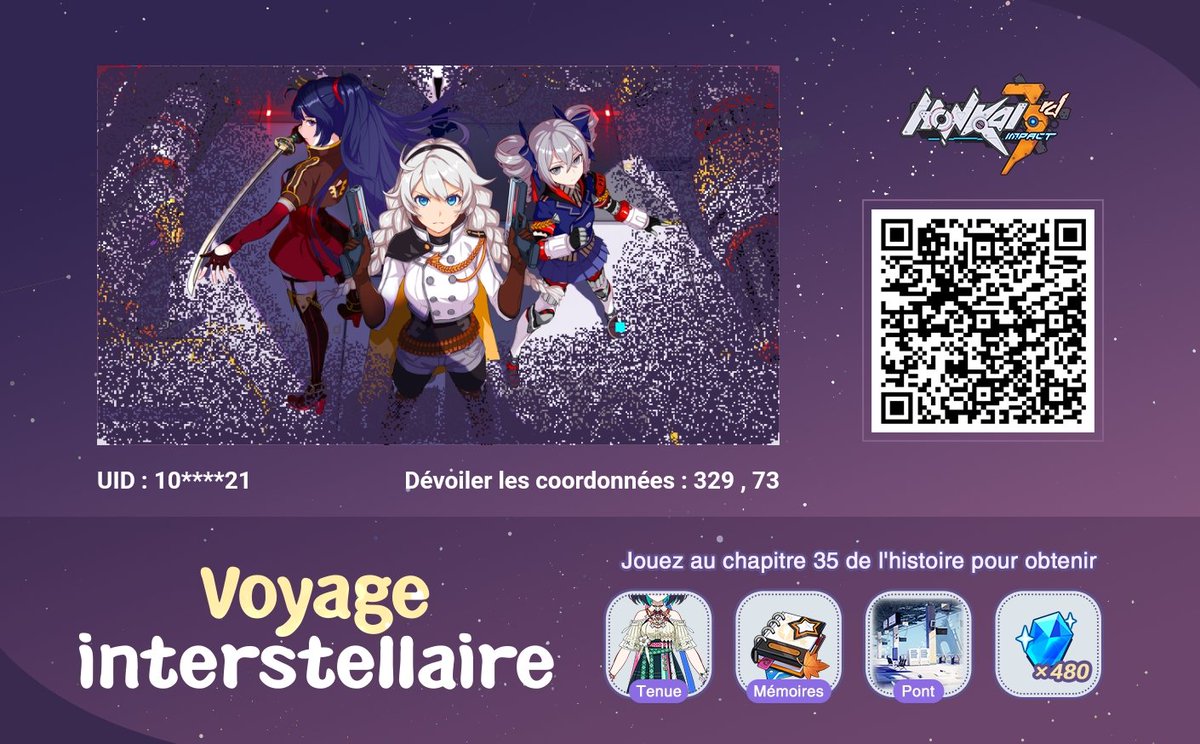 Chuck09131's tweet photo. L'événement web de Honkai Impact 3rd, Voyage interstellaire, est désormais disponible. Dévoilez vos coordonnées pour laisser derrière vous des souvenirs communs. https://t.co/cOx4E807Wd