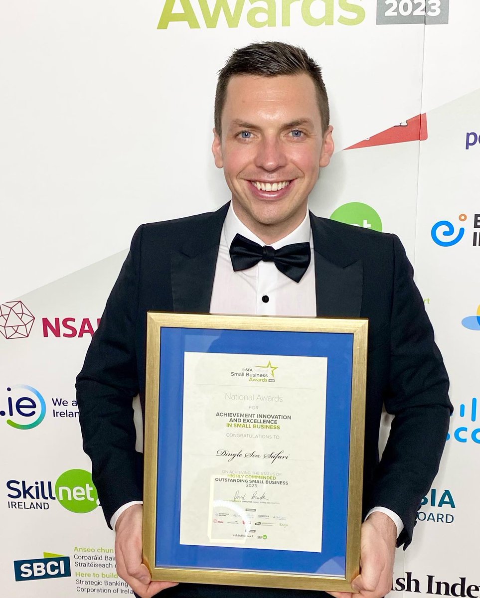 We are delighted to be awarded the achievement in innovation and excellence in the ‘outstanding small business’ category at the 2023 SFA National Small Business Awards #SFAAwards2023 #Dingleseasafari #Dingle #Dinglepeninsula #corcadhuibhne