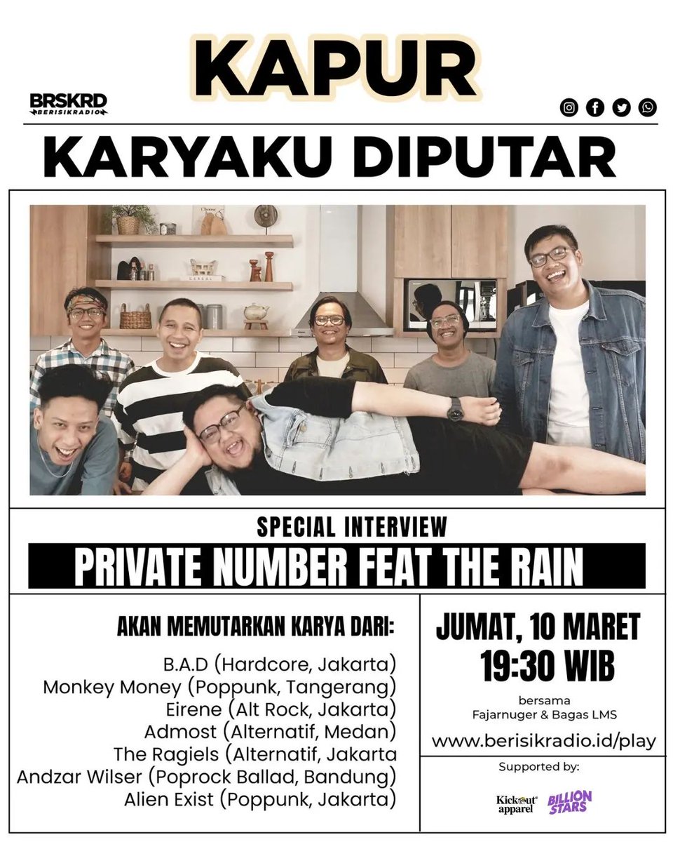 TheRagielsMusic's tweet photo. Dengarkan kami ngobrol-ngobrol di Radio 'KAPUR (KARYAKU DIPUTAR)' by @BerisikRadio, Nanti malam pukul 19:30 - 21:30 WIB. Di https://t.co/MHZdLsayPO
-
#privatenumber #therain #theragiels
#berisikradio #radio https://t.co/KSXjLLdPch