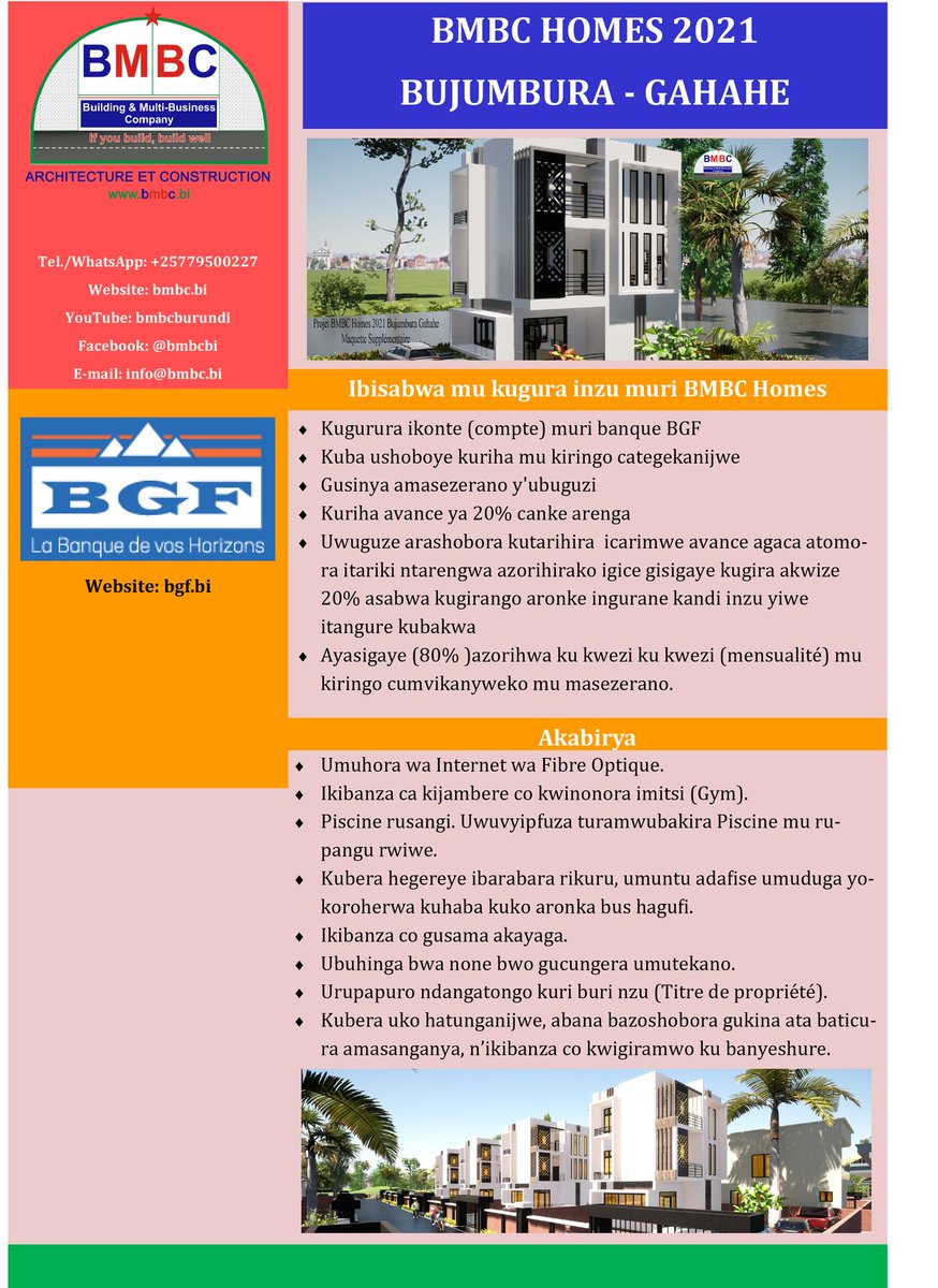 BmbcBi's tweet image. Ishirahamwe @BmbcBi ribandanya rigurisha #amazu yo mu mugambi wa #bmbchomes Gahahe.

Ntutangwe kwihitiramwo #inzu y'indoto yawe.

@indundimag @BurundiEco
@MweneKajekurya @MielsBurundi @ObuhaOffice
@Ikiriho @BgfBurundi
@lejournalafrica @Capt_Dukundane @RT_Isanganiro 
@EjohezaNews