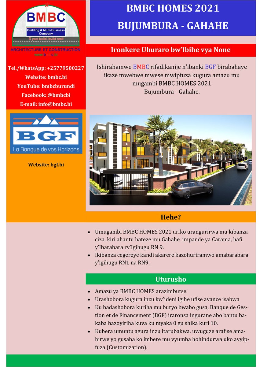 BmbcBi's tweet image. Ishirahamwe @BmbcBi ribandanya rigurisha #amazu yo mu mugambi wa #bmbchomes Gahahe.

Ntutangwe kwihitiramwo #inzu y'indoto yawe.

@indundimag @BurundiEco
@MweneKajekurya @MielsBurundi @ObuhaOffice
@Ikiriho @BgfBurundi
@lejournalafrica @Capt_Dukundane @RT_Isanganiro 
@EjohezaNews