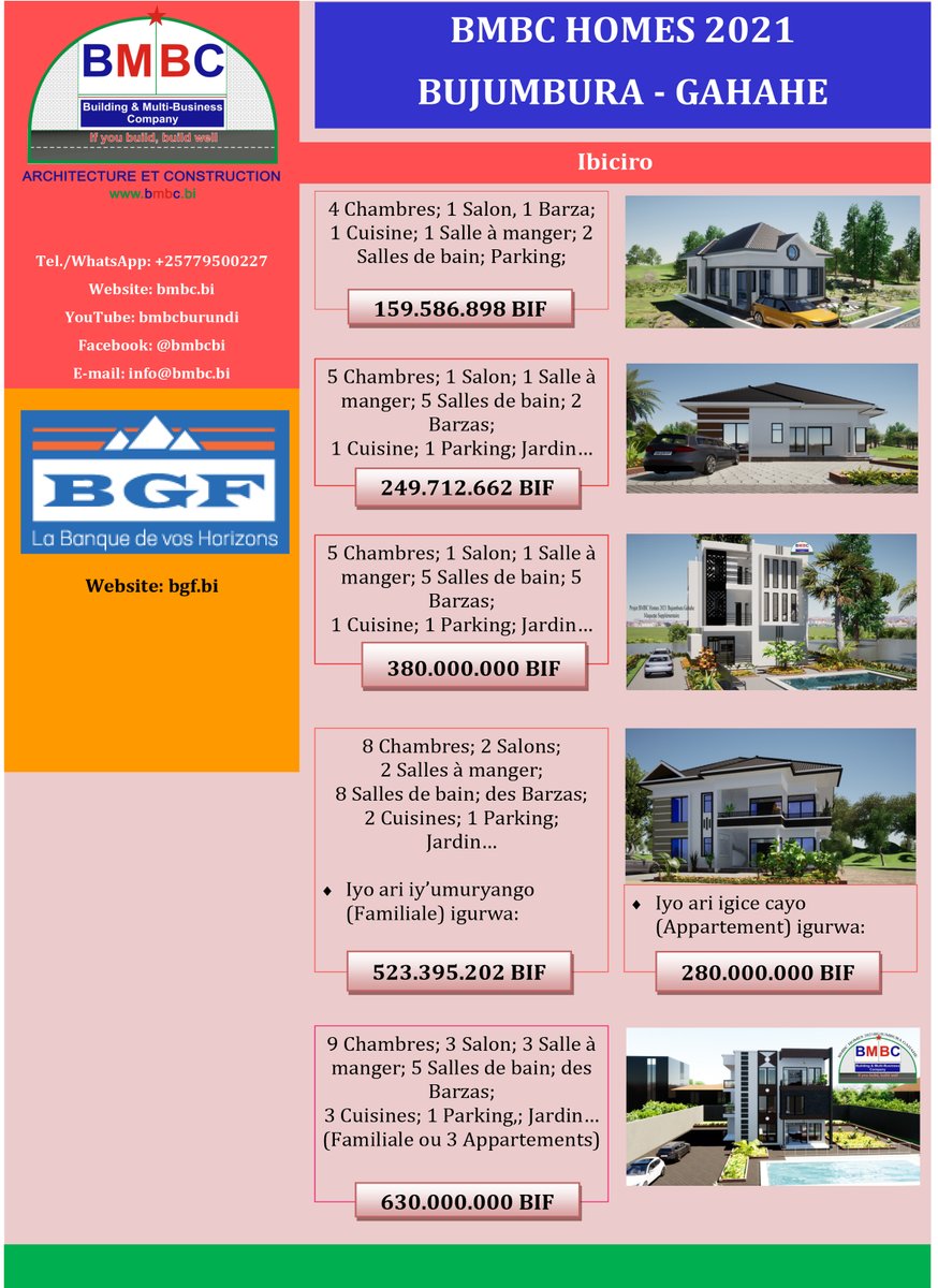 BmbcBi's tweet image. Ishirahamwe @BmbcBi ribandanya rigurisha #amazu yo mu mugambi wa #bmbchomes Gahahe.

Ntutangwe kwihitiramwo #inzu y'indoto yawe.

@indundimag @BurundiEco
@MweneKajekurya @MielsBurundi @ObuhaOffice
@Ikiriho @BgfBurundi
@lejournalafrica @Capt_Dukundane @RT_Isanganiro 
@EjohezaNews