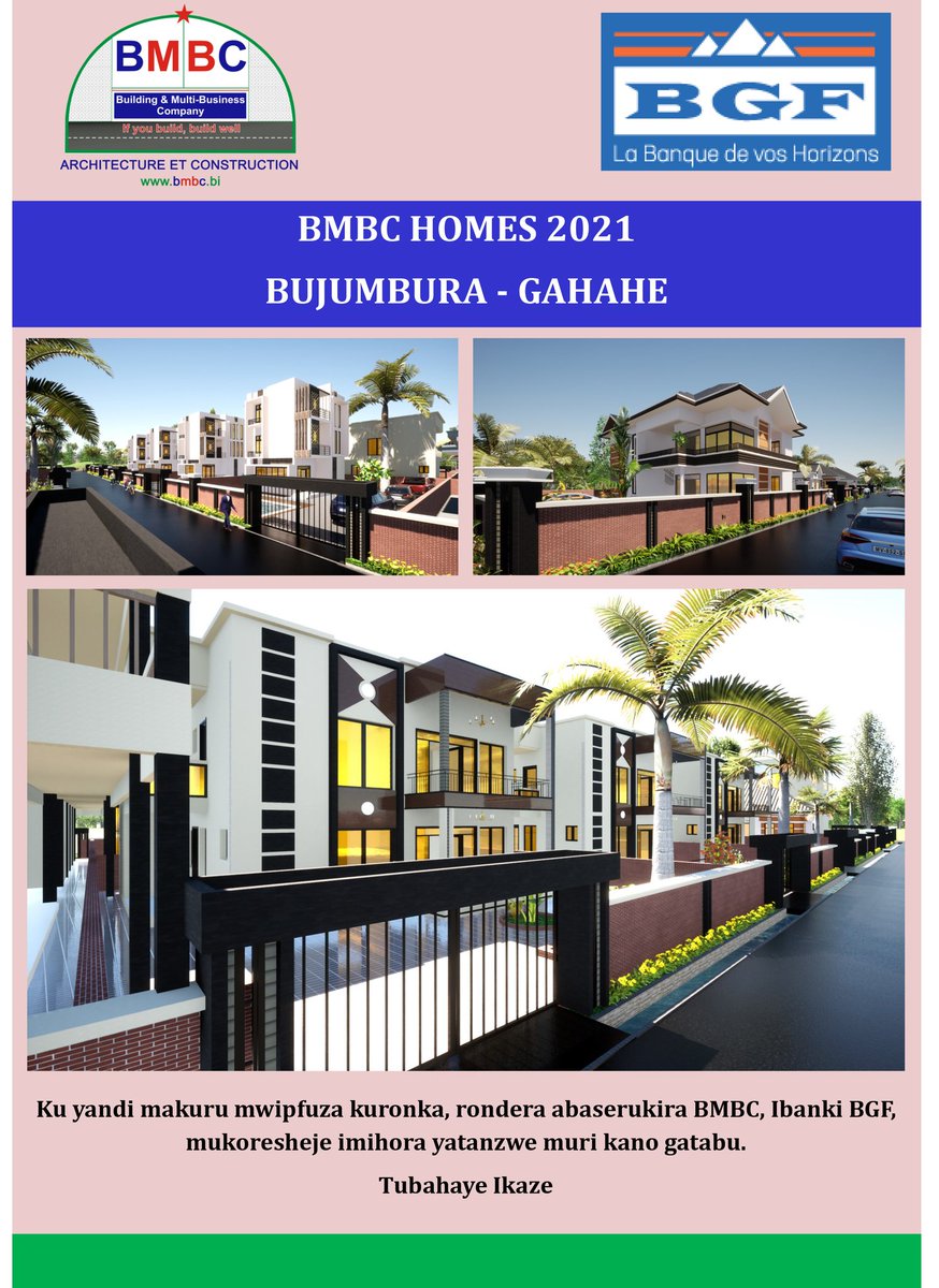BmbcBi's tweet image. Ishirahamwe @BmbcBi ribandanya rigurisha #amazu yo mu mugambi wa #bmbchomes Gahahe.

Ntutangwe kwihitiramwo #inzu y'indoto yawe.

@indundimag @BurundiEco
@MweneKajekurya @MielsBurundi @ObuhaOffice
@Ikiriho @BgfBurundi
@lejournalafrica @Capt_Dukundane @RT_Isanganiro 
@EjohezaNews