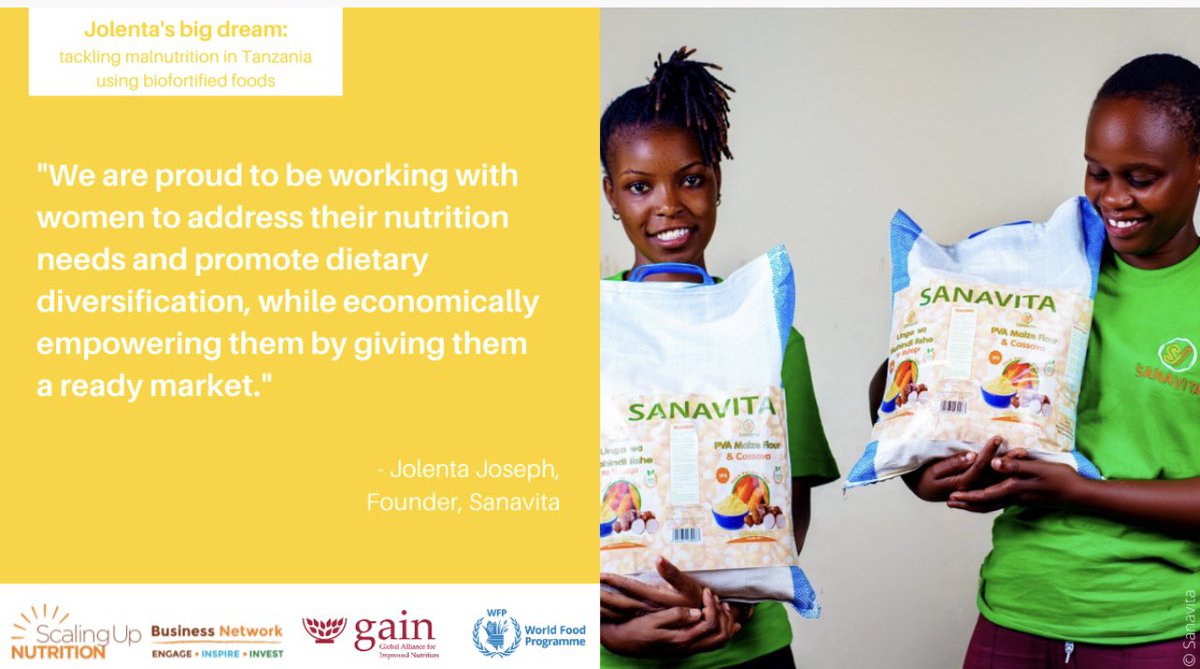 SUNBN_TANZANIA's tweet photo. Inspired by a rise in #malnutrition cases in rural #Tanzania &amp; poor market access for #farmers, Jolenta Joseph launched Sanavita in 2017. Now, this #SME is partnering with >2000 farmers to provide nutritious food to her community! @GAIN_TANZANIA @GAINalliance https://t.co/QYn5YqUXTq
