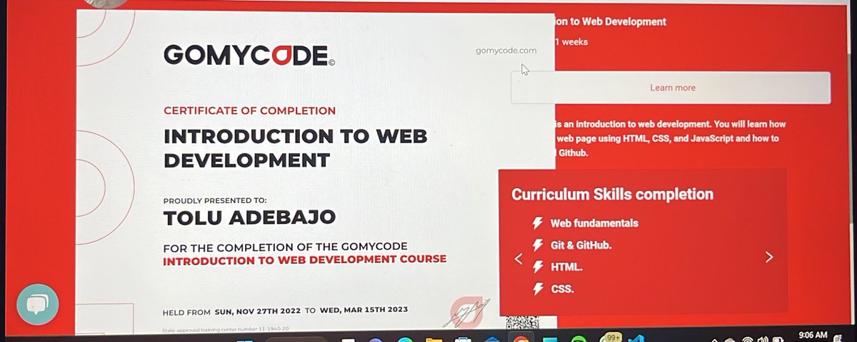 toluadebajo2's tweet image. I am happy and proud to share with you my achievement! I officially got My certificate in Introduction to Web Development at GOMYCODE!  #GOMYCODE #certificate #achievement #training