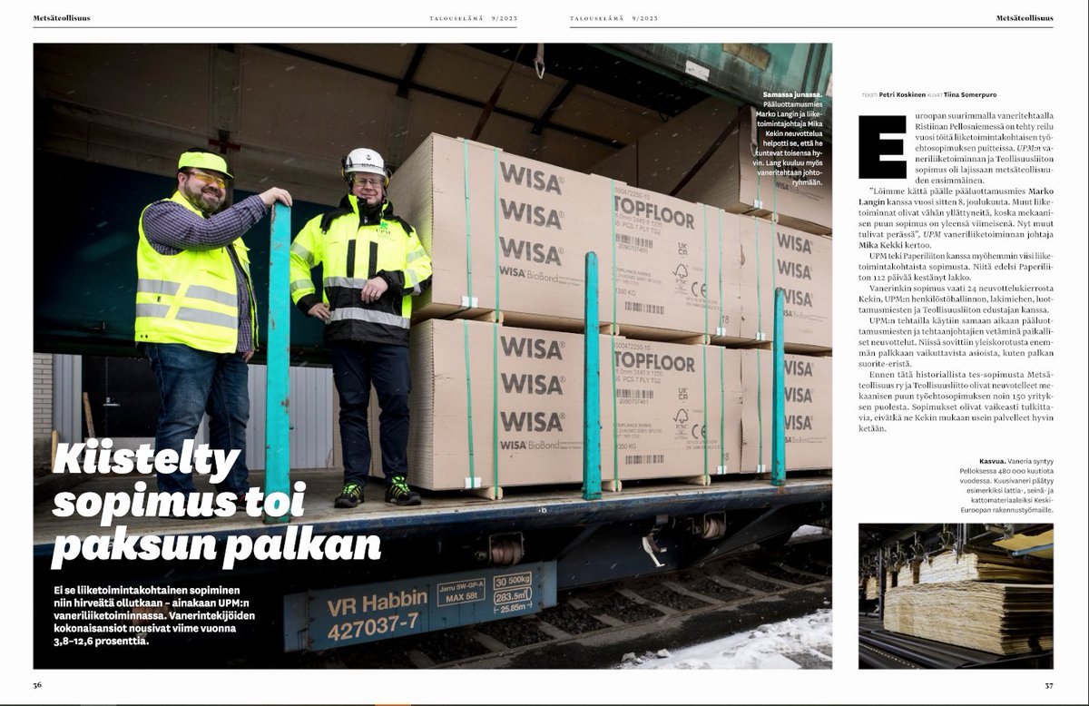 KekkiMika's tweet photo. Palaan lupaukseeni kertoa UPM Plywoodin 1. vuoden kokemukset uudesta liiketoimintakohtaisesta TES:stä. Lue laaja juttu TE:stä  tästä linkistä todellisesta Win-Win, jossa uusia työpaikkoja syntyi 100 ja ansiot nousivat 3,8-12,6% https://t.co/DdlwMVMRx9 https://t.co/EGpwoBahUz