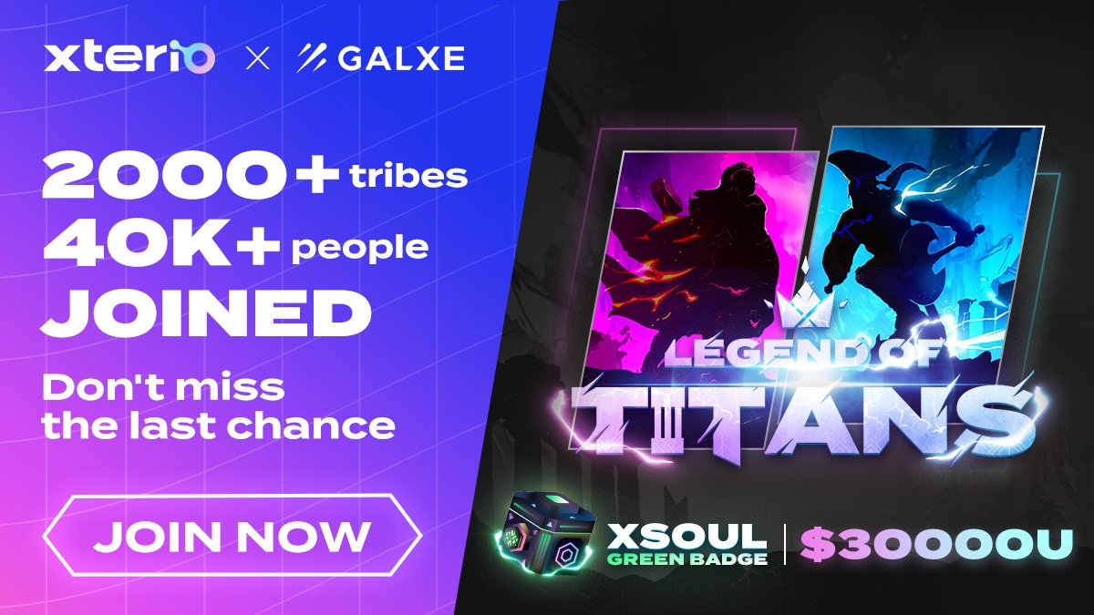 Galxe's tweet photo. An epic battle begins ⚔️

@XterioGames is bringing the ultimate gaming experience with Legend of Titans and a 30,000 USDT prize pool. Complete tasks to build your tribe &amp; lead them to victory 🏆

Plus, earn an exclusive #XsoulGreenBadge. 

Don't miss out👇
https://t.co/kF1QIzDfNZ https://t.co/RMa34KiunH