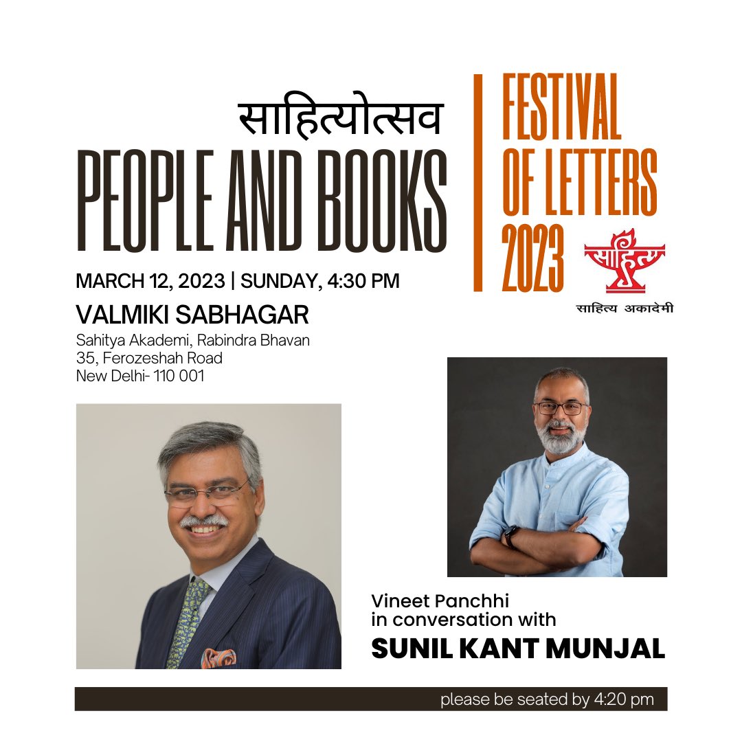 makingofhero's tweet photo. We are thrilled to invite you to @sahityaakademi’s upcoming event, "People and Books," featuring Author #SunilKantMunjal at the Sahityaotsav. @VineetPanchhi will be moderating the discussion.
#TheMakingofHero #FestivalofLetters2023 @g20org @PMOIndia https://t.co/b1R46V6C6E