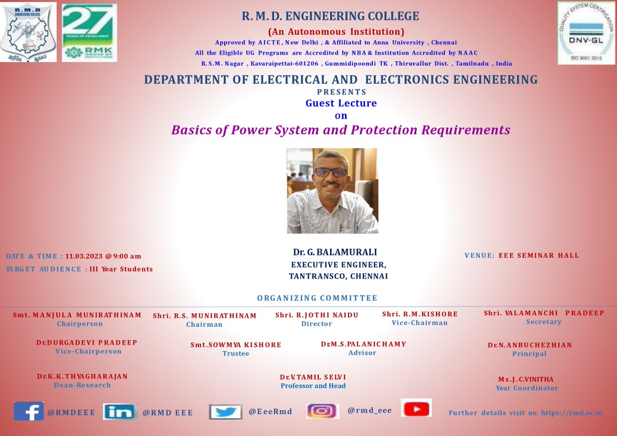 EeeRmd's tweet photo. Department of Electrical and  Electronics Engineering presents Guest Lecture on "Basics of Power System and Protection Requirements"   by Dr. G. BALAMURALI , Executive Engineer, TANTRANSCO, Chennai on 11.03.2023. https://t.co/xbQKkUG7IH