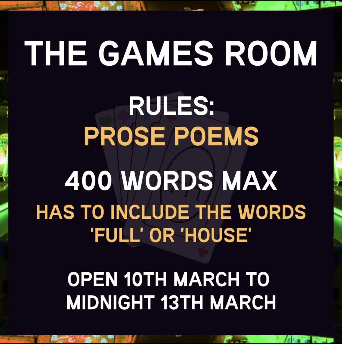 Good morning, lovely followers!

We are open for subs of PROSE POEMS!

Our Games Room is open for submissions until Sun midnight GMT for prose poems <400 words that inc the word 'full' or 'house'

Submit via Submittable: fullhouseliterary.submittable.com/submit