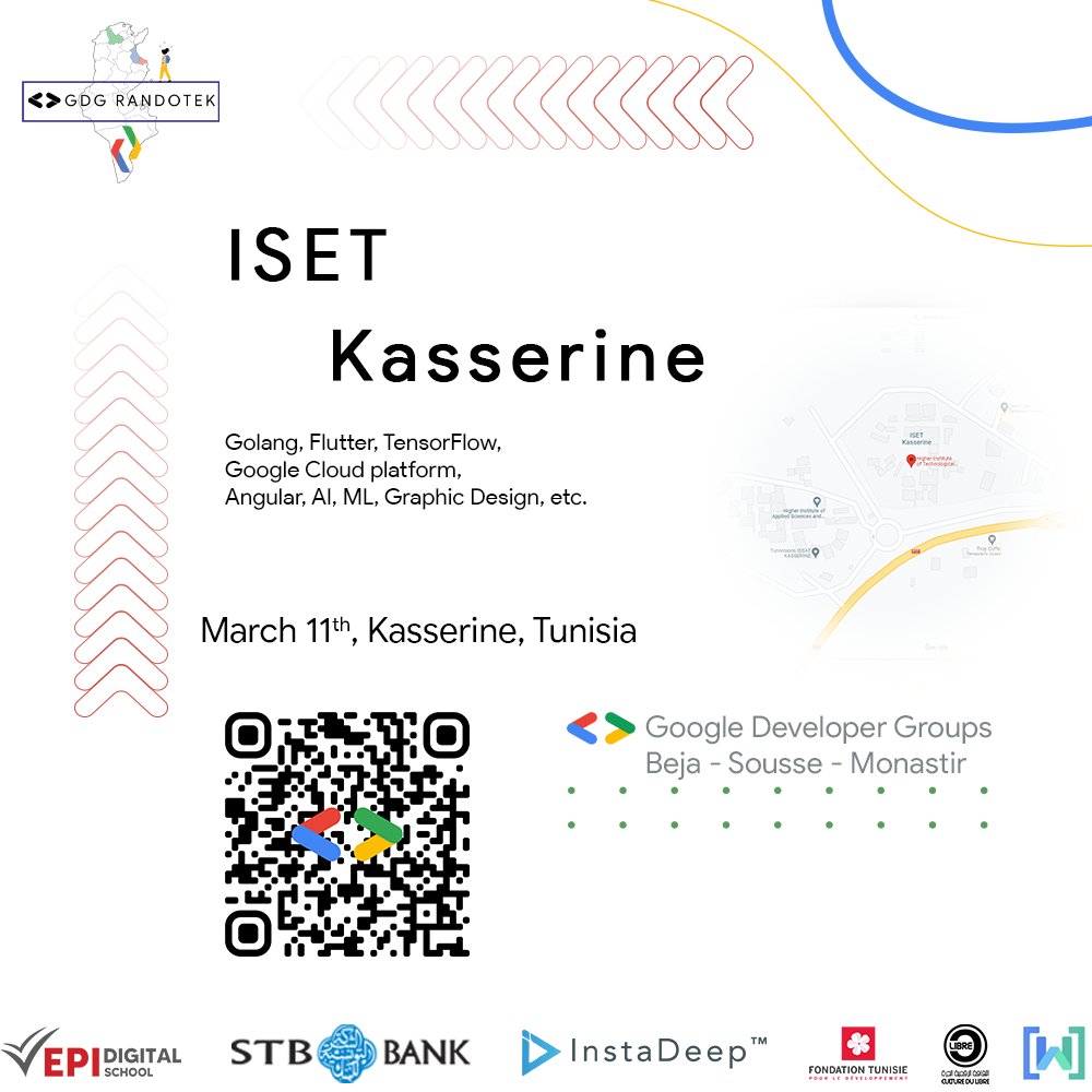 We've reached till now, the 11th destination of our #GDGRANDOTEK ✅
Meet us this Saturday, March 11th, 2023 at  [ISET KASSERINE] 
Register from here:
forms.gle/mU8wCSw3PQELxc…
@tunisie_le @EPI_digital_School @instadeepai @STB_labanque @GDGSousse @GDGBeja @GDGMonastir