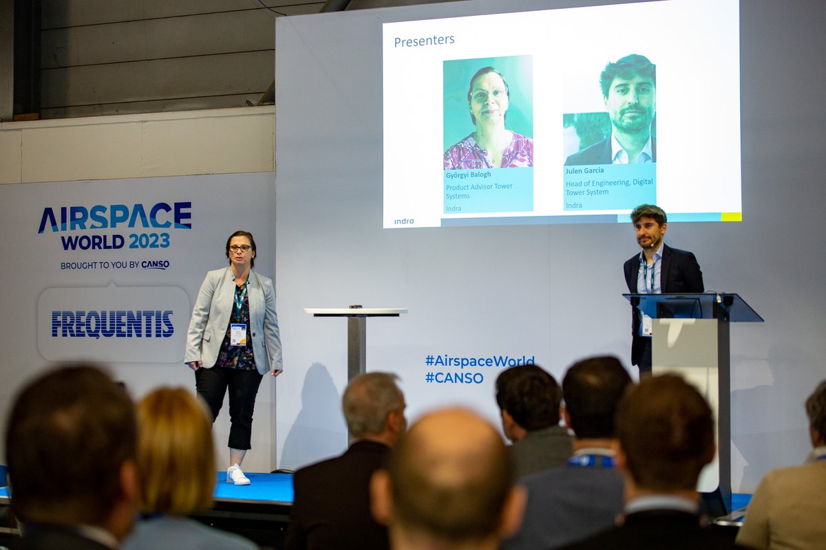 IndraCompany's tweet photo. ➡️Györgyi Balogh and Julen García presented the experience of digital remote control of busy airports with the example of Budapest Airport. Indra is installing a unique solution that will convert Budapest into Europe’s largest remotely controlled airport. #AirspaceWorld https://t.co/gFHZjjDjyX