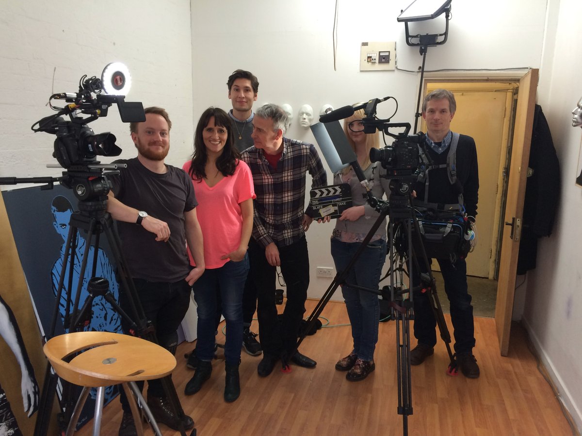 TradeMarkArt's tweet photo. Flashback Friday 12 January 2016 BBC crew  in my studio to film an Artsnight segment on my Bowie masks only 2 days after David Bowie had died… which cast a strange pall over the piece. Clip from the programme is available on YouTube. #davidbowie #bowiemasks #BBC2 #artsnight https://t.co/3CQsYCmqRz