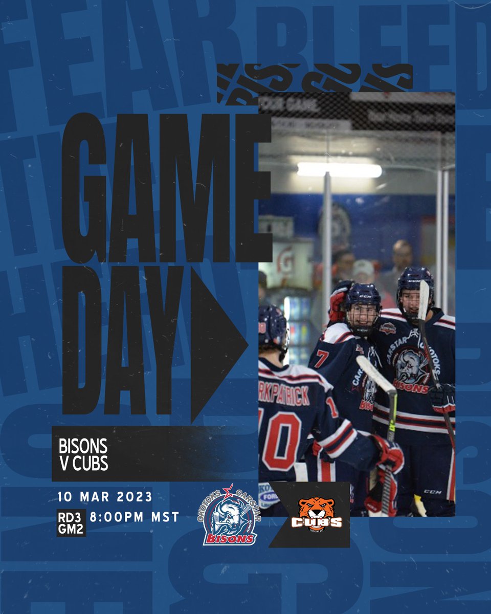 OkotoksBisons's tweet photo. It's Bisons playoff gameday!!! Come #packthemurray tonight at 8:00pm and support your Bisons as they look to take a 2-0 series lead in the south division final! #gobisonsgo #bleedblue #feartheherd https://t.co/6dpFgSrQf3