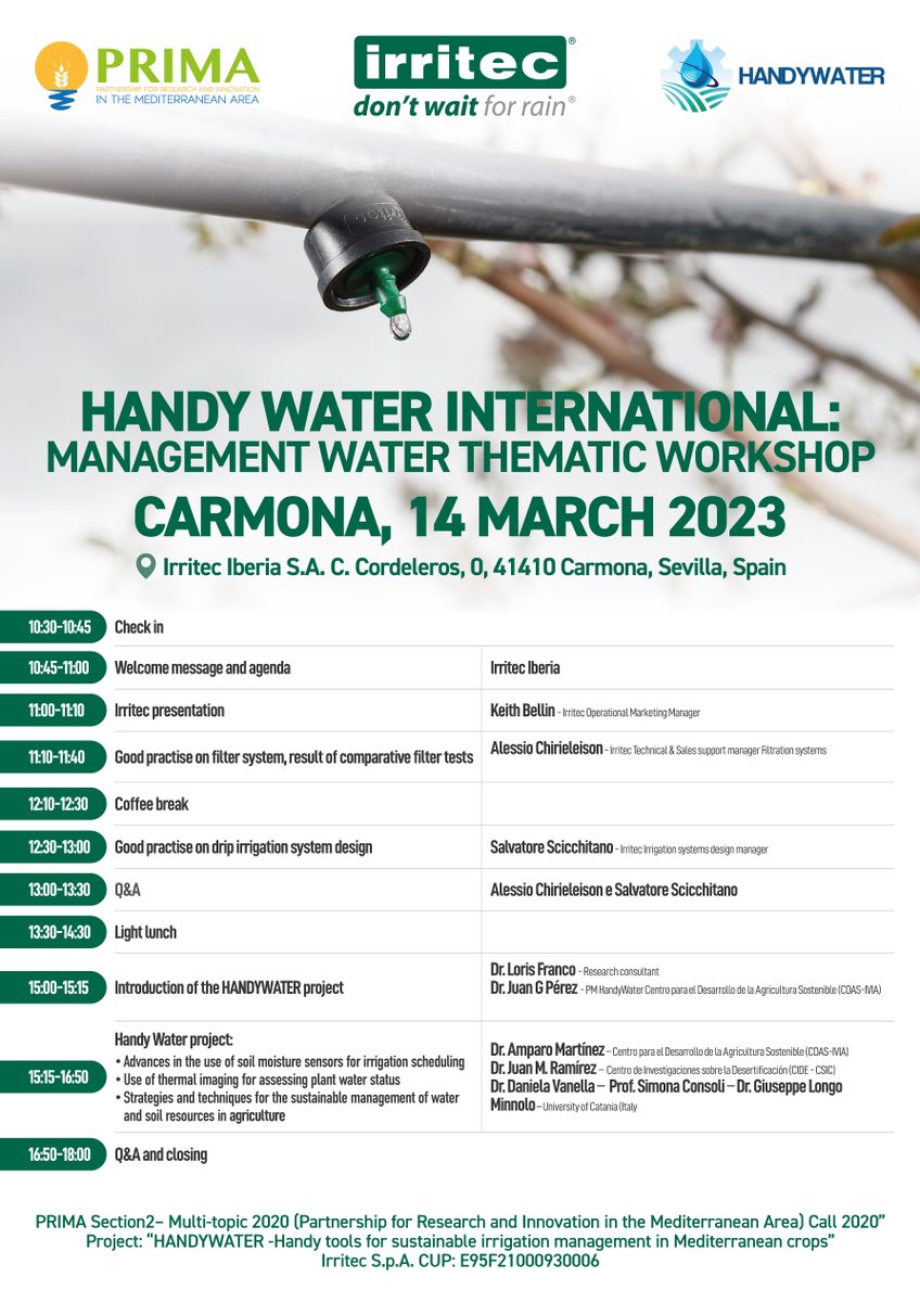 HandyWaterPRIMA's tweet photo. ✈️14th March! The Handywater team ( @IviaRiegos + @AguaCide + @unict_it ) is moving to Carmona (Sevilla 🇪🇸) to join the international workshop🌍organized by @Irritec where we will get involved in the dissemination of irrigation good practices and #HW preliminary results. https://t.co/eqldsFNExl