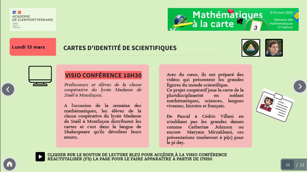 (2/2) Avec du cœur, les élèves de la classe co du lycée Mme de Staël ont préparé des vidéos qui présentent les grandes figures du monde scientifique.
Ce projet joue la carte de la pluridisciplinarité en mêlant mathématiques, sciences, langues vivantes, histoire et français.