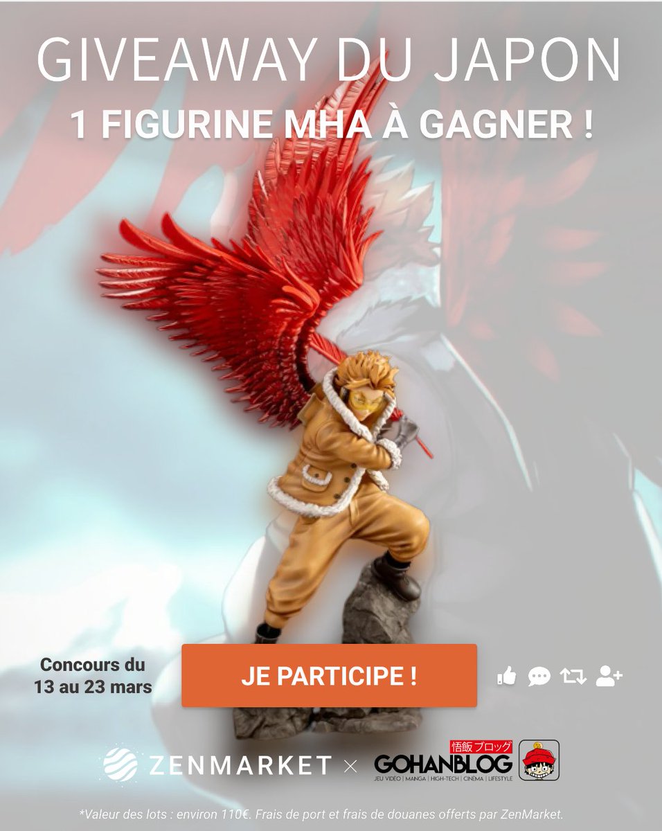 🎁 GROS CONCOURS 🎁

Une magnifique figurine de Hawks (42 cm de haut !!) à gagner. 
Pour participer :
📌 Suis <a href="/GohanBlog/">Aurelien</a>  et <a href="/zenmarket_fr/">ZenMarket France</a>
📌 Retweet ce post

TAS : le 23/3/2023 à 23h59 ⏱ #Concours #Hawks #MyHeroAcademia #ZenMarket