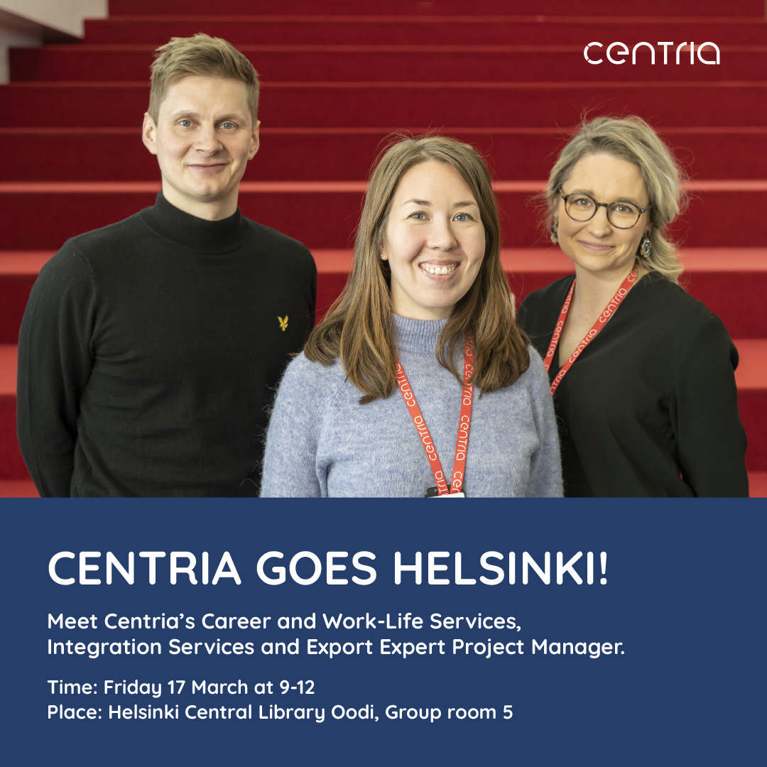 centriaamk's tweet image. Our #CareerServices, #IntegrationServices and #ExportExpert Project Manager are coming to Helsinki. This is a great opportunity to get guidance with your future career plans!

📅 17.3. at 9-12
📍 Helsinki Central Library Oodi, Group room 5

👉 Register link.webropol.com/s/centria-goes…