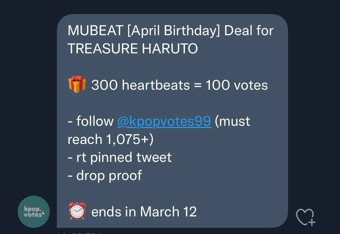 ficzones's tweet photo. MUBEAT DEAL FOR HARUTO (300 beats)
• follow @kpopvotes99 (must reach 1,075+)
• rt pinned (QRTED BELOW)
• drop PROOFS
— ends in march 12
ALL FOR HARUTO #HARUTODEALS
#HARUTO #하루토 @treasuremembers https://t.co/MfJ9Sboppr