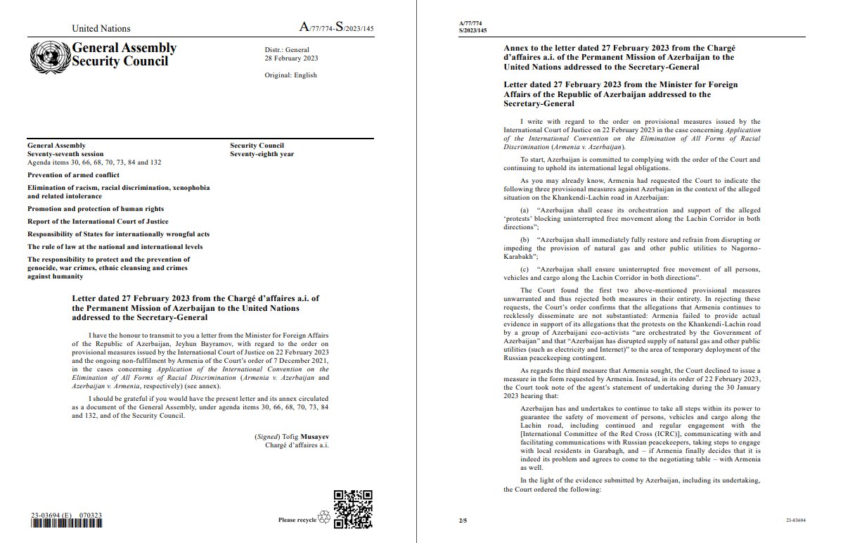 AzerbaijanMFA's tweet photo. Nazir Ceyhun Bayramovun Beynəlxalq Ədalət Məhkəməsinin 22 fevral 2023-cü il tarixli qərarı ilə bağlı BMT Baş katibinə ünvanlandığı məktubunun BMT Təhlükəsizlik Şurasının və Baş Assambleyasının sənədi kimi yayılmasına dair mətbuat məlumatı
⬇️⬇️⬇️
https://t.co/2enbeszPV6 https://t.co/L7yjaUHdnW
