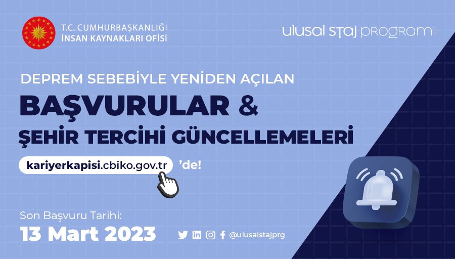 Ulusal Staj Programı (@ulusalstajprg) on Twitter photo Deprem sebebiyle yeni başvurulara ve şehir tercihi güncellemelerine açılan #UlusalStajProgramı’nda son 3 gün! #SeninİçinSeferbiriz <a href="/tccbiko/">T.C. Cumhurbaşkanlığı İnsan Kaynakları Ofisi</a> <a href="/kariyerkapisi/">Kariyer Kapısı</a>
👉🏼 kariyerkapisi.cbiko.gov.tr
🗓️ Son Tarih: 13 Mart 2023 Deprem sebebiyle yeni başvurulara ve şehir tercihi güncellemelerine açılan #UlusalStajProgramı’nda son 3 gün! #SeninİçinSeferbiriz <a href="/tccbiko/">T.C. Cumhurbaşkanlığı İnsan Kaynakları Ofisi</a> <a href="/kariyerkapisi/">Kariyer Kapısı</a>
👉🏼 kariyerkapisi.cbiko.gov.tr
🗓️ Son Tarih: 13 Mart 2023