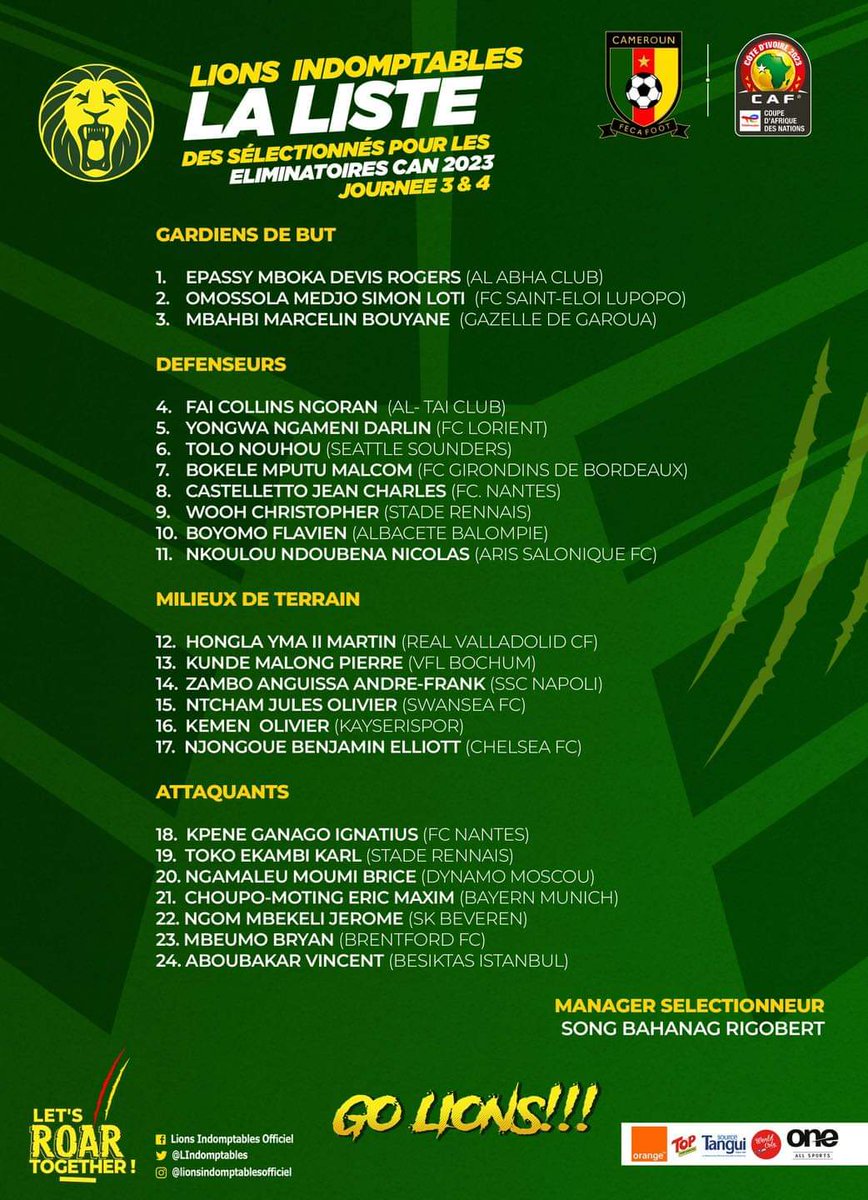 🔴 Liste des joueurs sélectionnés pour la double confrontation contre la Namibie comptant pour les 3ème et 4ème journées des éliminatoires de la CAN 2023. 🦁🇨🇲