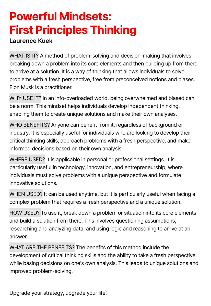 LaurenceKuek's tweet image. Break down complex situations, question assumptions, and analyze data for unique solutions using First Principles Thinking.
Upgrade your strategy, upgrade your life!
#FirstPrinciplesThinking #ProblemSolving