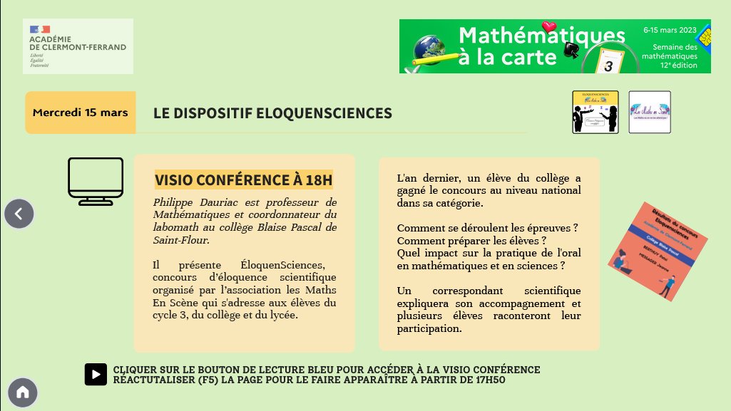 (2/2) M. Dauriac, des élèves et le scientifique les ayant accompagnés nous présentent le dispositif Eloquensciences, qui valorise l’explicitation orale de résultats mathématiques, l’éloquence et le débat scientifique.
La finale régionale a lieu ce matin dès 9h à Saint-Flour.