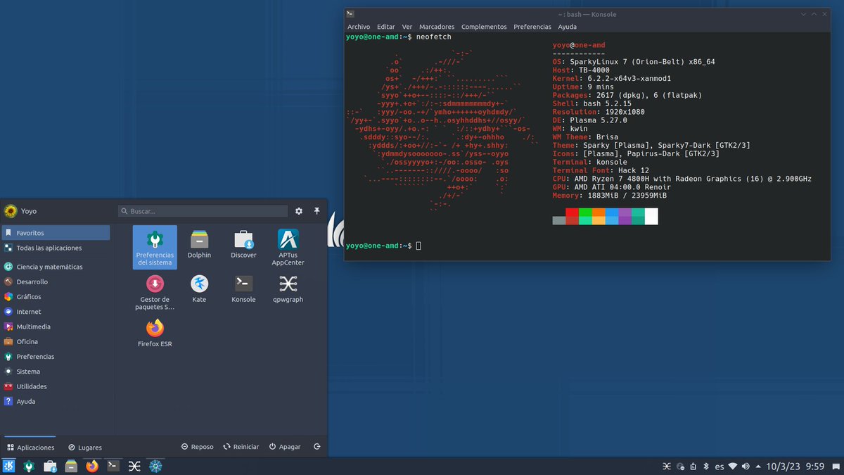 yoyo308's tweet image. Hoy es #ViernesDeEscritorio y no dejo de compartir mi #EscritorioGNULinux. Traigo #SparkyLinux #Debian #KDE #Plasma 5.27. Muestra el tuyo y demos más visibilidad a nuestras distribuciones GNU/Linux.