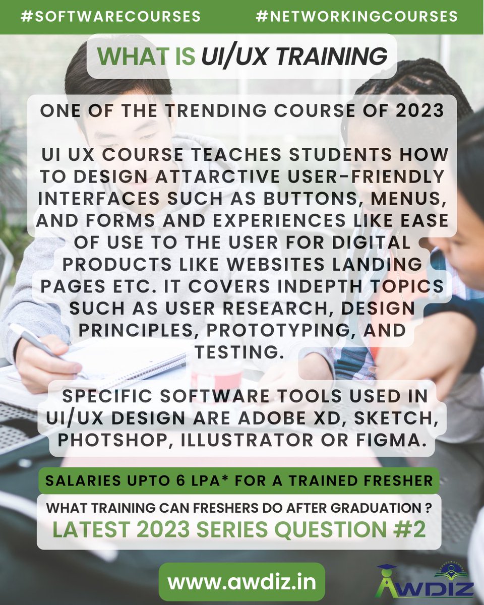 Awdiz_arb's tweet image. Course Detail Series - About UI/UX Training
Visit awdiz.in for more such interesting course details indepth
#UIUXDesignCourse #DesignPrinciples #Wireframes #Mockups #Prototyping #AdobeXD #Sketch #Photoshop #Illustrator #Figma #UserFeedback #AttractiveDesigns