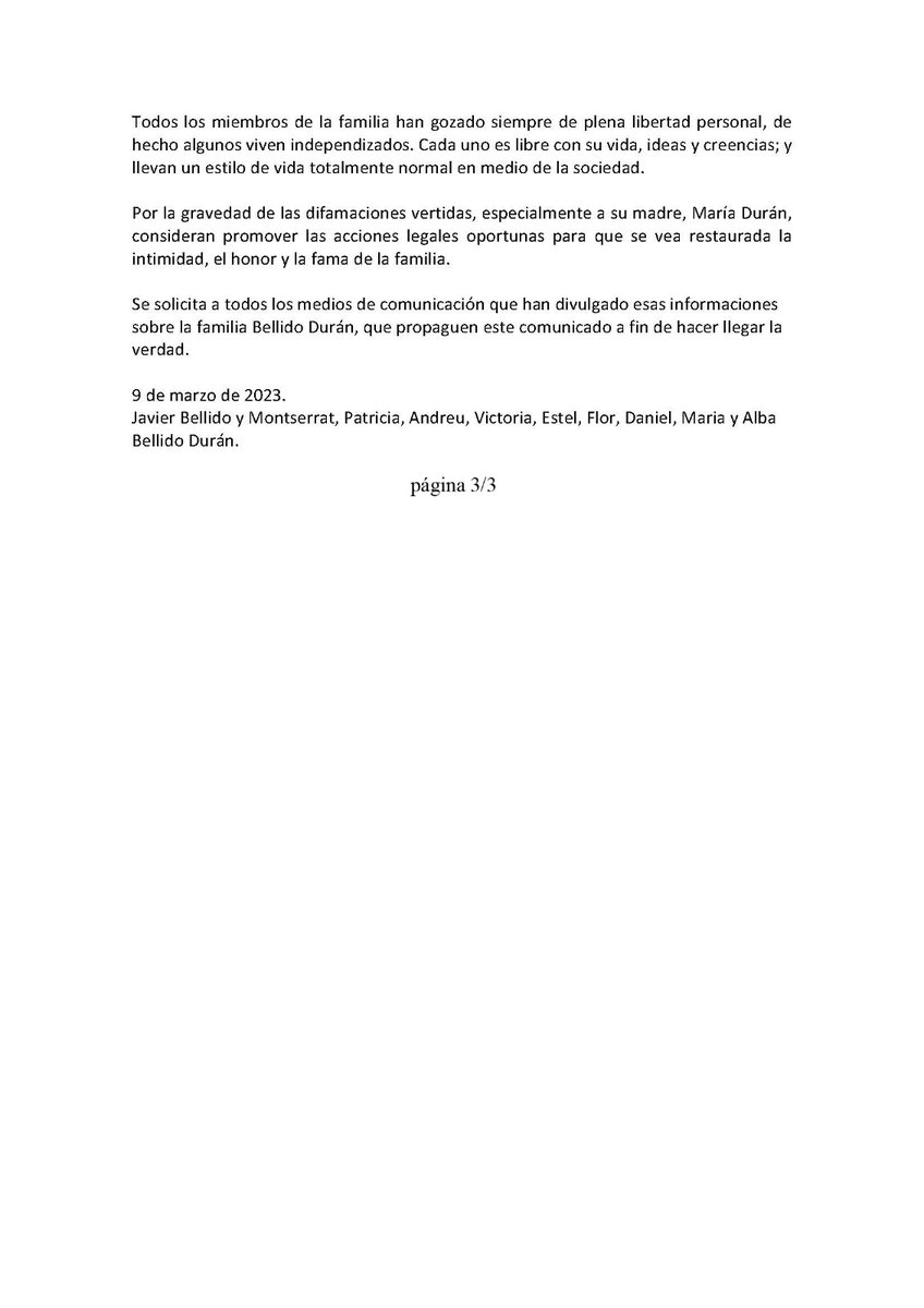 duran_bellido's tweet photo. Comunicado de la familia Bellido Durán ante las informaciones divulgadas por los medios de comunicación y redes sociales
#familiaBellidoDuran #FlosMariae https://t.co/5bOxORh8Yk