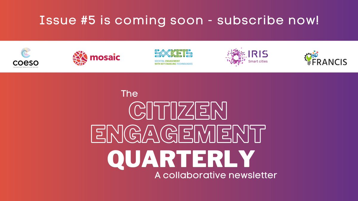 MOSAIC (@mosaic_eu) on Twitter photo 📨The 5⃣th issue of our collaborative newsletter #CitizenEngagementQuarterly is coming soon!
📥 Make sure to subscribe now to receive the latest news from <a href="/IRISsmartcities/">IRIS Smart Cities</a>, <a href="/FrancisH2020/">FRANCIS</a>, <a href="/COESOEU/">COESO - Connecting Research & Society</a>, <a href="/socKETs_EU/">SocKETs-cocreation</a> & #MOSAIC_EU.
👉 bit.ly/CEQSubscribe 📨The 5⃣th issue of our collaborative newsletter #CitizenEngagementQuarterly is coming soon!
📥 Make sure to subscribe now to receive the latest news from <a href="/IRISsmartcities/">IRIS Smart Cities</a>, <a href="/FrancisH2020/">FRANCIS</a>, <a href="/COESOEU/">COESO - Connecting Research & Society</a>, <a href="/socKETs_EU/">SocKETs-cocreation</a> & #MOSAIC_EU.
👉 bit.ly/CEQSubscribe