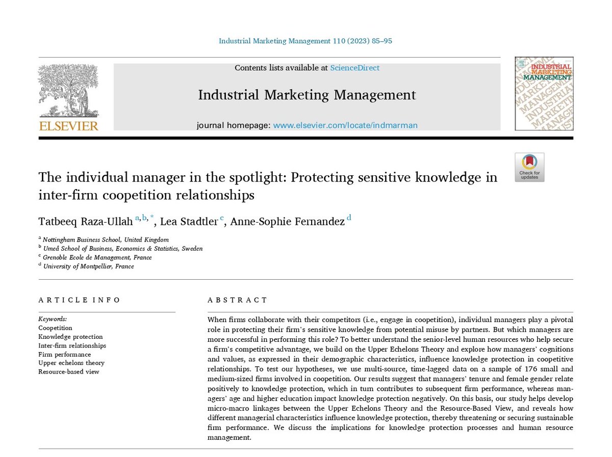 MktResearchNBS's tweet photo. Publication alert! Our colleague, Dr Tatbeeq Raza-Ullah and his co-authors from @Grenoble_EM and #UniversityofMontpellier, examines sensitive #knowledgeprotection in #interfirm #coopetition. 
Please see paper 👉
https://t.co/kWguSDlwIM
#ResearchReimagined #NTU_Research #NTU_NBS https://t.co/lD39CG3shX