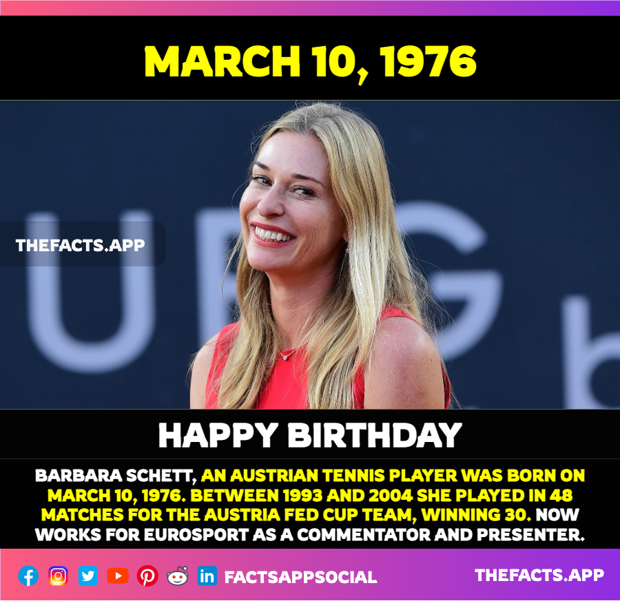 factsappsocial's tweet photo. #OnThisDay #DidYouKnow #BarbaraSchett (@Babsschett), Austrian tennis player was born on March 10, 1976. She represented Austria at the 2000 #SydneyOlympics, retired after the 2005 #AustralianOpen, now works for #Eurosport as a commentator and presenter.
https://t.co/rfvkkYyCTo https://t.co/cGBYFKRuOg