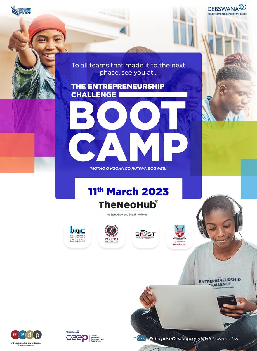 THE DEBSWANA ENTREPRENEURSHIP CHALLENGE

To all teams that made it to the Next phase of the Entrepreneurship Challenge - the Bootcamp awaits, this includes coaching &amp; mentoring as you prepare for the Grand Finale'.