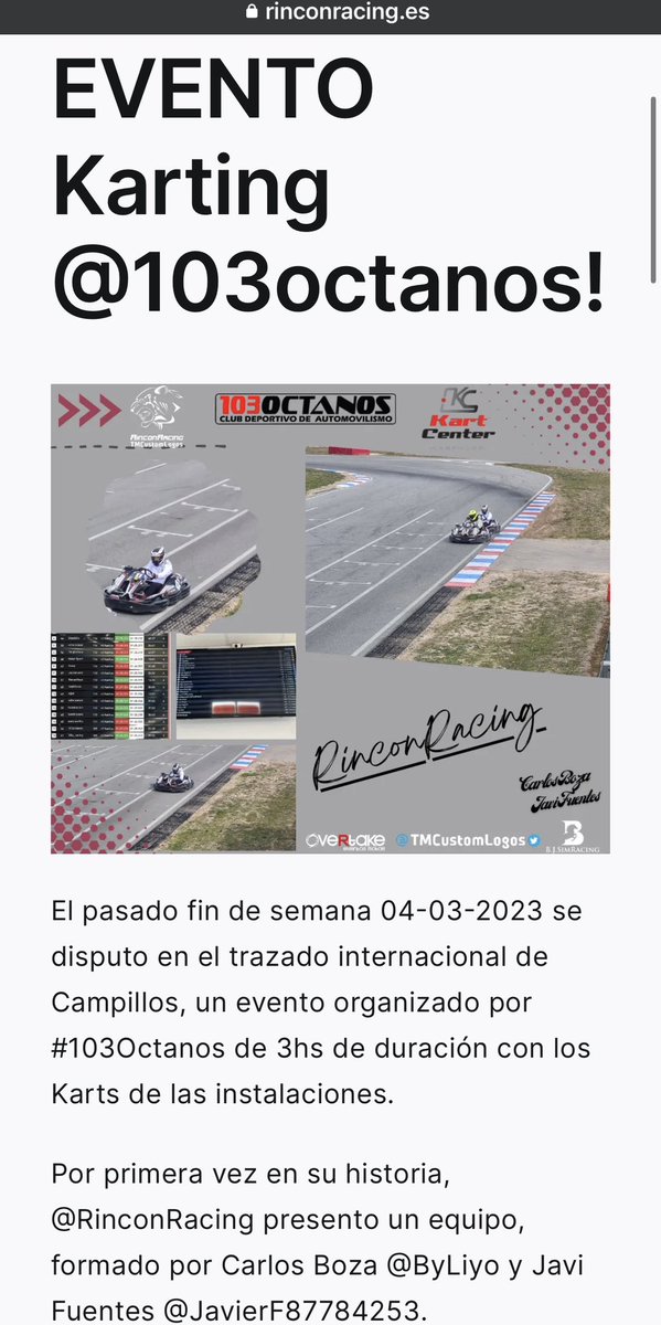 EVENTO KART!🏁

El pasado fin de semana se disputaron las 3hs de <a href="/103octanos/">103octanos</a> en el circuito de <a href="/KARTCAMPILLOS/">KARTING CAMPILLOS</a> y hemos estado presentes con un gran resultado!🔥

Os contamos todo lo ocurrido 👇
rinconracing.es/evento-karting…