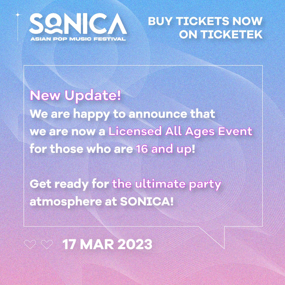 We are happy to announce that we are now a Licensed All Ages Event. 

The good news is that for those who are 16 and up, you no longer need to be accompanied by an adult! 

Details👉 instagram.com/p/Cpml7cjvUFJ/…

#SONICA #sonicamusicfestival #melbourneevents #AsianPop #Kpop #Melbourne