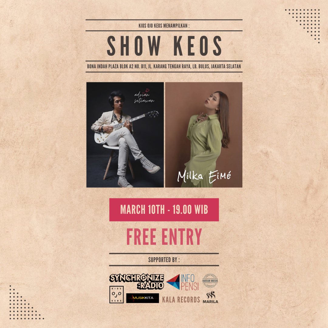 adrianwst_'s tweet photo. Show Keos! Sebuah pertunjukan untuk dua musisi independen, Adrian Setiawan dan Milka Eimé. Bertempat di @kiosojokeos. Akan menampilkan karya dari Adrian dan Milka termasuk lagu mereka yang baru dirilis pekan lalu.

Free Entry! https://t.co/GBawPs1eCQ