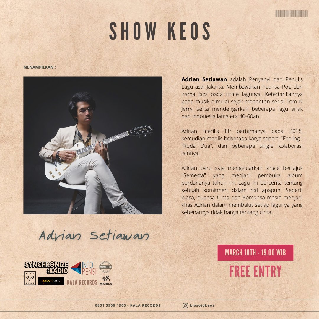 adrianwst_'s tweet photo. Show Keos! Sebuah pertunjukan untuk dua musisi independen, Adrian Setiawan dan Milka Eimé. Bertempat di @kiosojokeos. Akan menampilkan karya dari Adrian dan Milka termasuk lagu mereka yang baru dirilis pekan lalu.

Free Entry! https://t.co/GBawPs1eCQ
