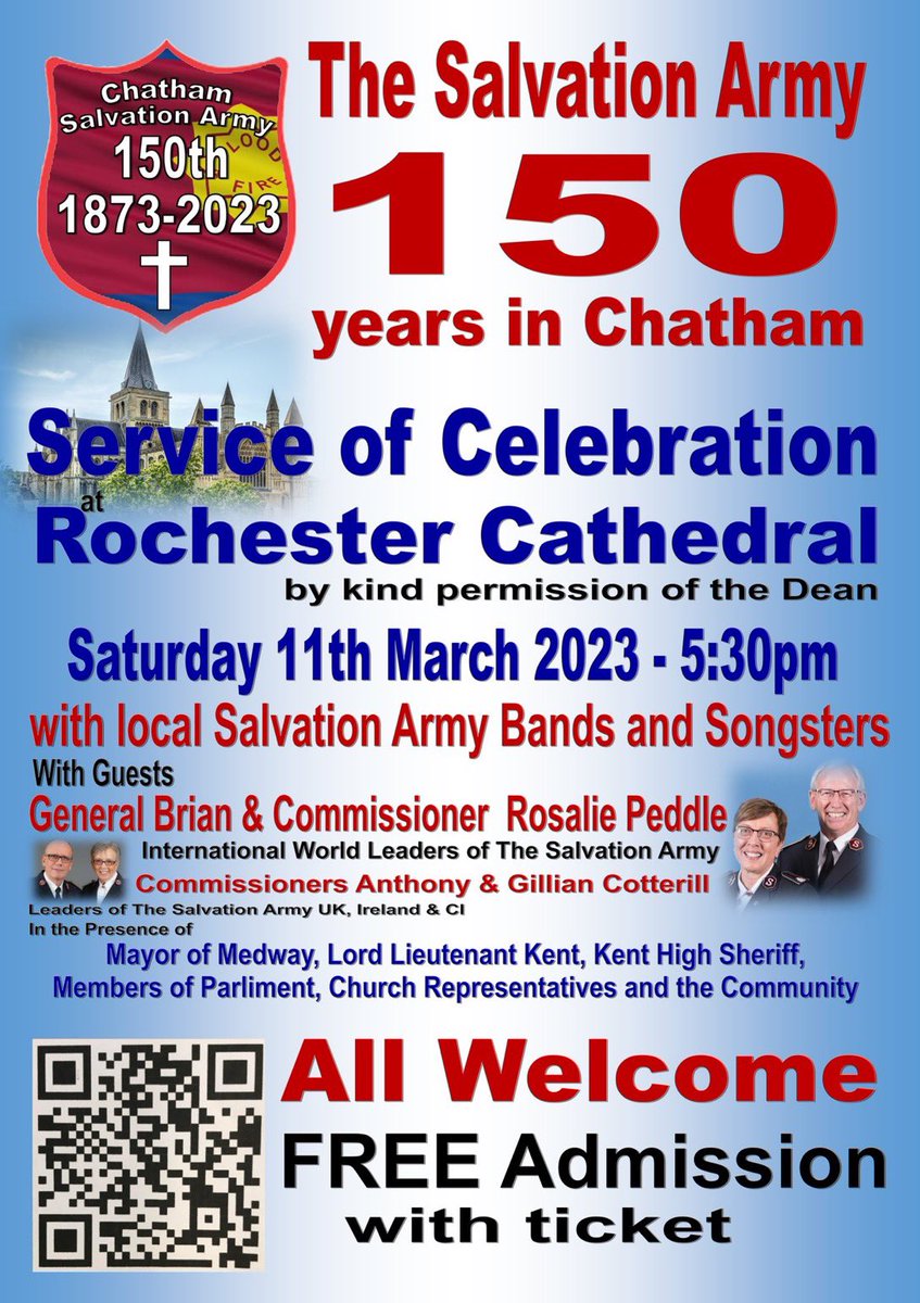 This weekend we travel to Chatham in the UK. The Chatham Salvation Army is celebrating it’s 150th Anniversary. This is a wonderful milestone of service and faithfulness to God. May God bless the planned celebrations. <a href="/SalvArmyIHQ/">Salvation Army IHQ</a> <a href="/ChathamSA/">Chatham Salvation Army</a>