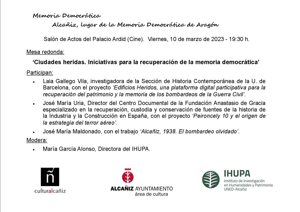 ASoterrada's tweet photo. 📢Avui a les 19.30h participarem a les jornades de commemoració del bombardeig sobre #Alcañiz a una taula rodona sobre Ciutats Ferides juntament a @AnastasioGracia i JM Maldonado
L'acte organitzat per @AytoAlcaniz i @uned es podrà seguir en directe a https://t.co/6pwbCp0v26 https://t.co/jwPEOqm9D6