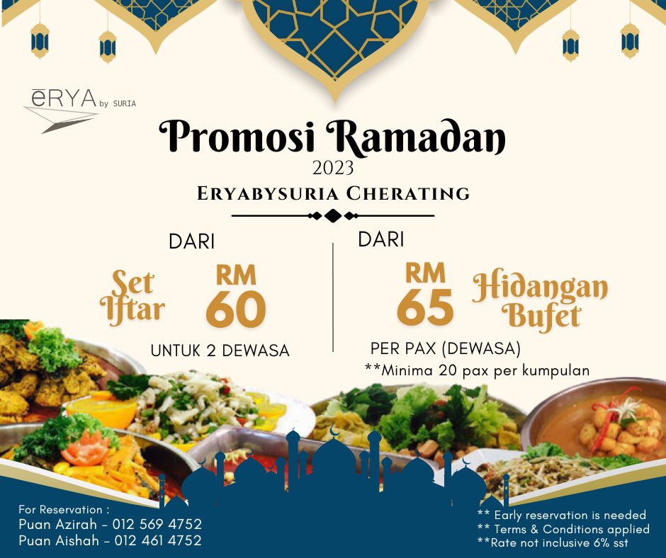 suriaresorts's tweet photo. Ramadan bakal kunjung tiba. Jom raikan Ramadan bersama kami di Eryabysuria Cherating. Tempahan iftar beramai ramai dibuka sekarang. Hubungi nombor yang tertera untuk maklumat lanjut. 

#eryabysuria #cherating #pantai #iftar #ramadan #2023 https://t.co/glAJB2S0MC