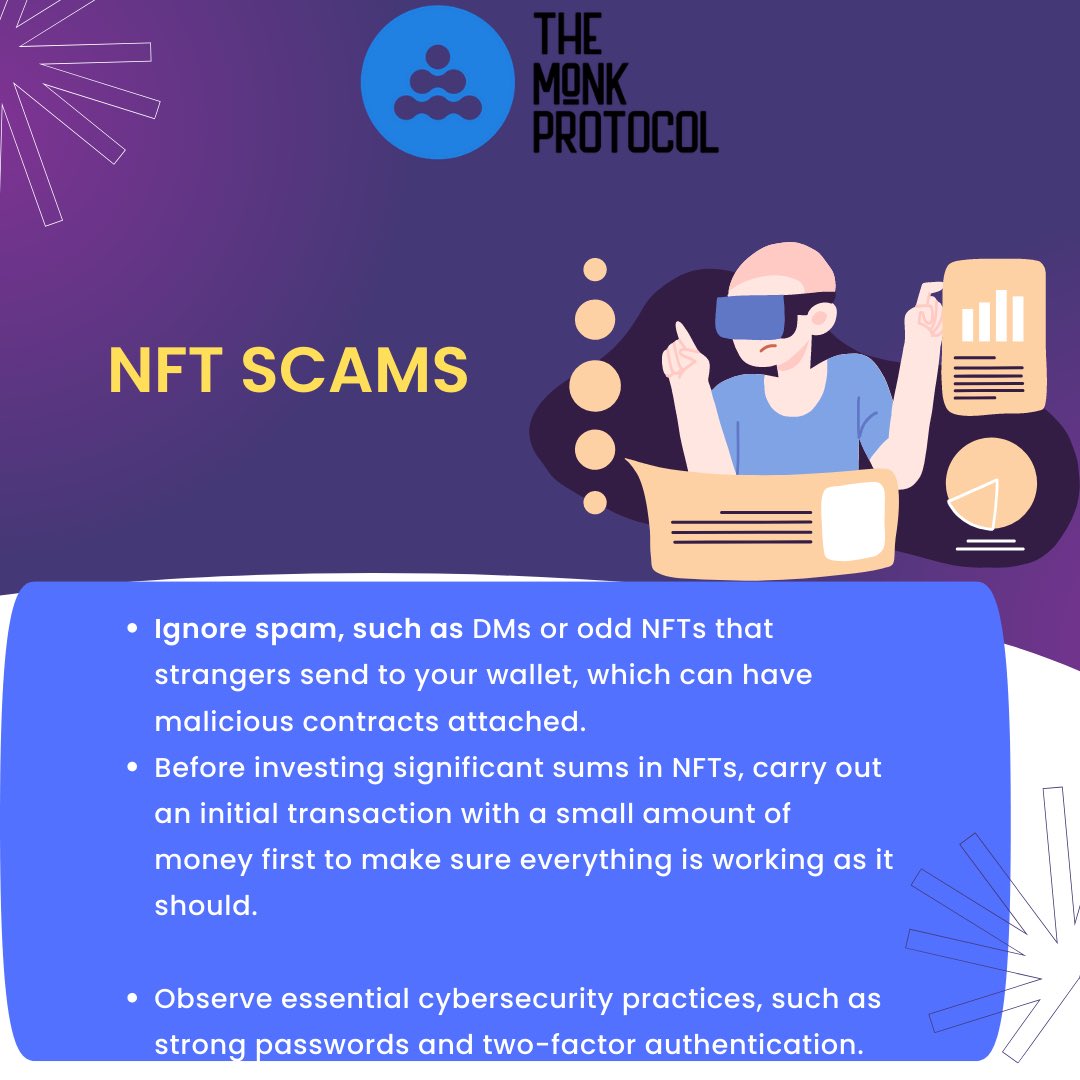 TheMonkProtocol's tweet photo. NFTs scams are not uncommon. some of the main ones to watch out for include: #scamalert #nftscam #nftart #nftcollector #nftartist https://t.co/LVopEvpooC