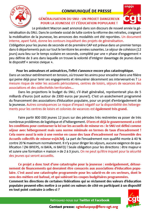 CgtEducPop's tweet photo. Généralisation du SNU : un projet dangereux pour la jeunesse et l'éducation populaire ! https://t.co/ieejuW1qi8 https://t.co/LSdw0CtuwJ