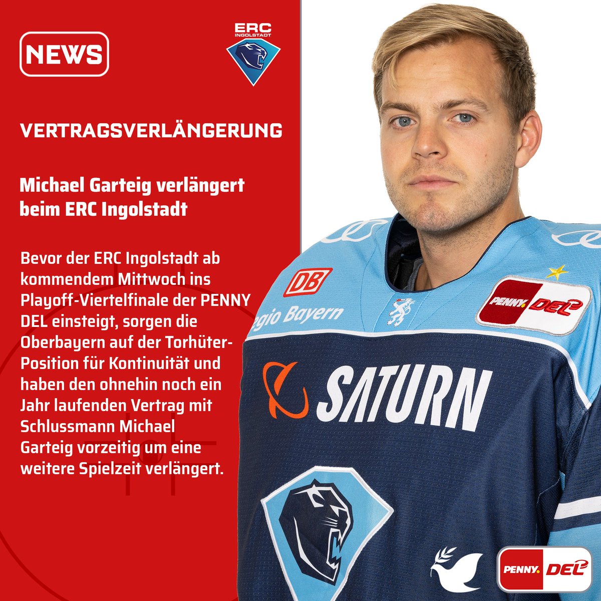 DELoffiziell's tweet photo. Bevor der @ERCIngolstadt ab Mittwoch ins Playoff-Viertelfinale der #PENNYDEL einsteigt, sorgen die Oberbayern auf der Torhüter-Position für Kontinuität und haben den ohnehin noch ein Jahr laufenden Vertrag mit Michael Garteig vorzeitig um eine weitere Spielzeit verlängert. https://t.co/Dg1TbZm6pB