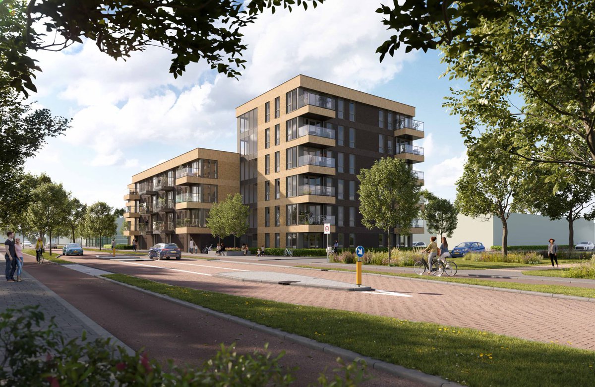 BienseDijkstra's tweet photo. Binnenkort starten we met deze 36 appartementen van 75-80 m2 incl. badkamer keuken en toilet. Prefab uit onze werkplaats. Extreem snel gerealiseerd, biobased, circulair, stikstofneutraal. Eerste aftoppingsgrens € 647,-/mnd @elkien is er klaar voor Hugo. Vernieuwen geeft energie https://t.co/32618eHl9M