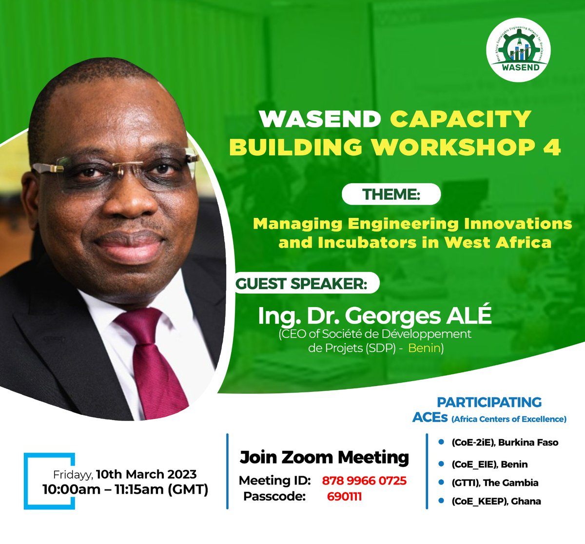 wasend_af's tweet photo. Join WASEND's 4th capacity building workshop titled "Managing Engineering Innovations and Incubators in West Africa."

Happening TODAY, 10th March 2023, from 10:00am - 11:15am (GMT)

Join this workshop via zoom
https://t.co/IpllGZi41m

Don't miss this🥳🥳🥳 https://t.co/gM4MUTNc7r