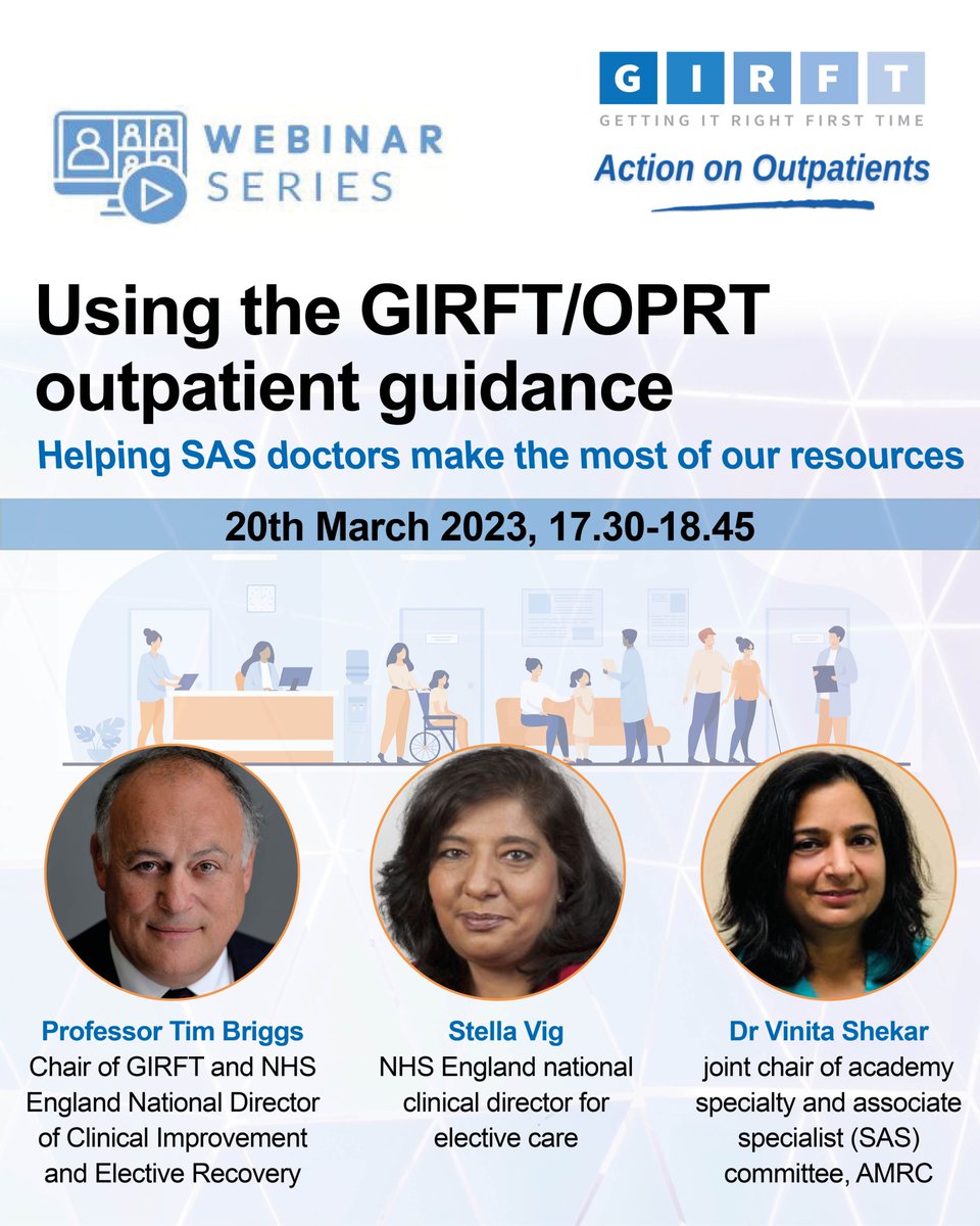 NHSGIRFT's tweet photo. Over 2โฃ5โฃ0โฃ people have registered onto the #GIRFT/#OPRT #outpatient webinar for #SASdoctors.
In just 10 days time, @ProfTimBriggs, @svig2 and @shekar_vinita - among others - will provide advice about the latest guidance.
๐๏ธ 20/03
โ๏ธ 530pm
Register
https://t.co/FlLRlvKgbZ https://t.co/mDcP0xrL48
