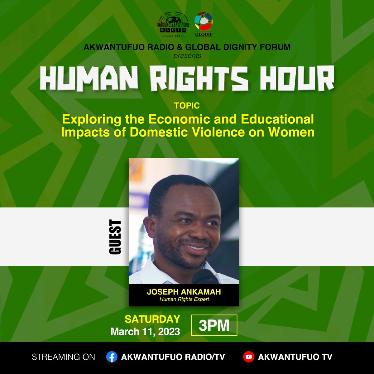 Global_DignityF's tweet photo. Join us tomorrow (11.03.2023) for the Human Rights Hour on Akwantufuo Radio UK at 3pm as we discuss the economic and educational impacts of domestic violence on women with Joseph Ankamah, a human rights expert. #EndDomesticViolence #HumanRightsHour #GlobalDignityForum https://t.co/VNH8jNhuAu